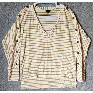 Buckle Black Women's Long Sleeve V Neck Top Yellow/White Striped Button Accent M
